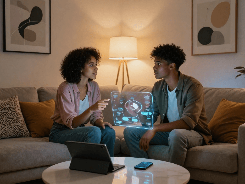 Engaging ai chat porn interaction in a cozy, futuristic environment.