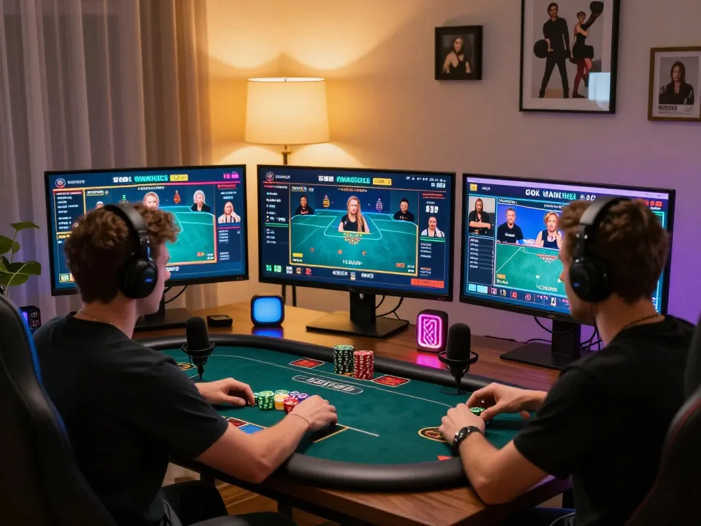 Engaging live poker tournament on trang chủ uu88 with interactive viewer chat and warm ambient lighting