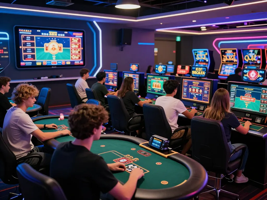 Exciting online gambling experience at xin88 with diverse players enjoying slots and poker in a high-tech virtual casino.