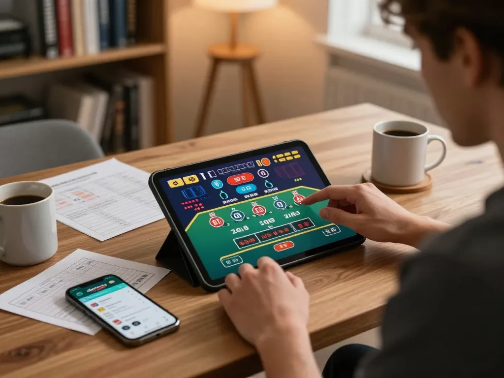 Engaging live dealer game on dagago app with strategic gaming notes in a cozy home setup.