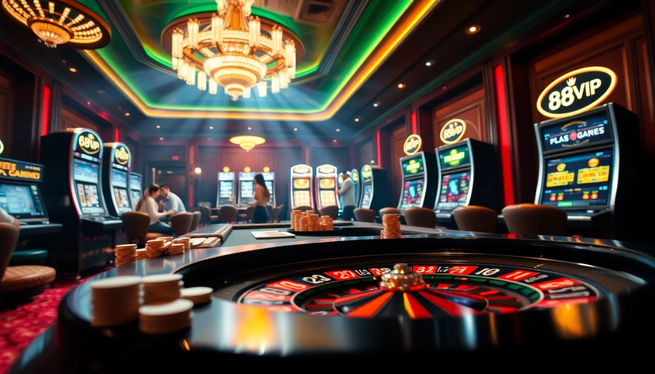 Experience the thrill of gambling with 68VIP in a vibrant casino setting featuring roulette and poker tables.