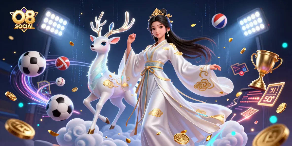 Engage with O8 SOCIAL's dynamic gaming experience, featuring a beautiful Asian woman and celestial deer amidst vibrant sports elements.