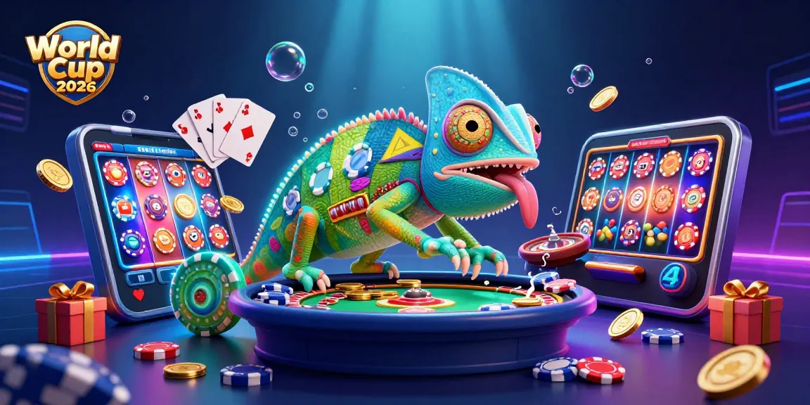 Experience World Cup 2026 with a vibrant chameleon casino owner, spinning slots, and golden coins.