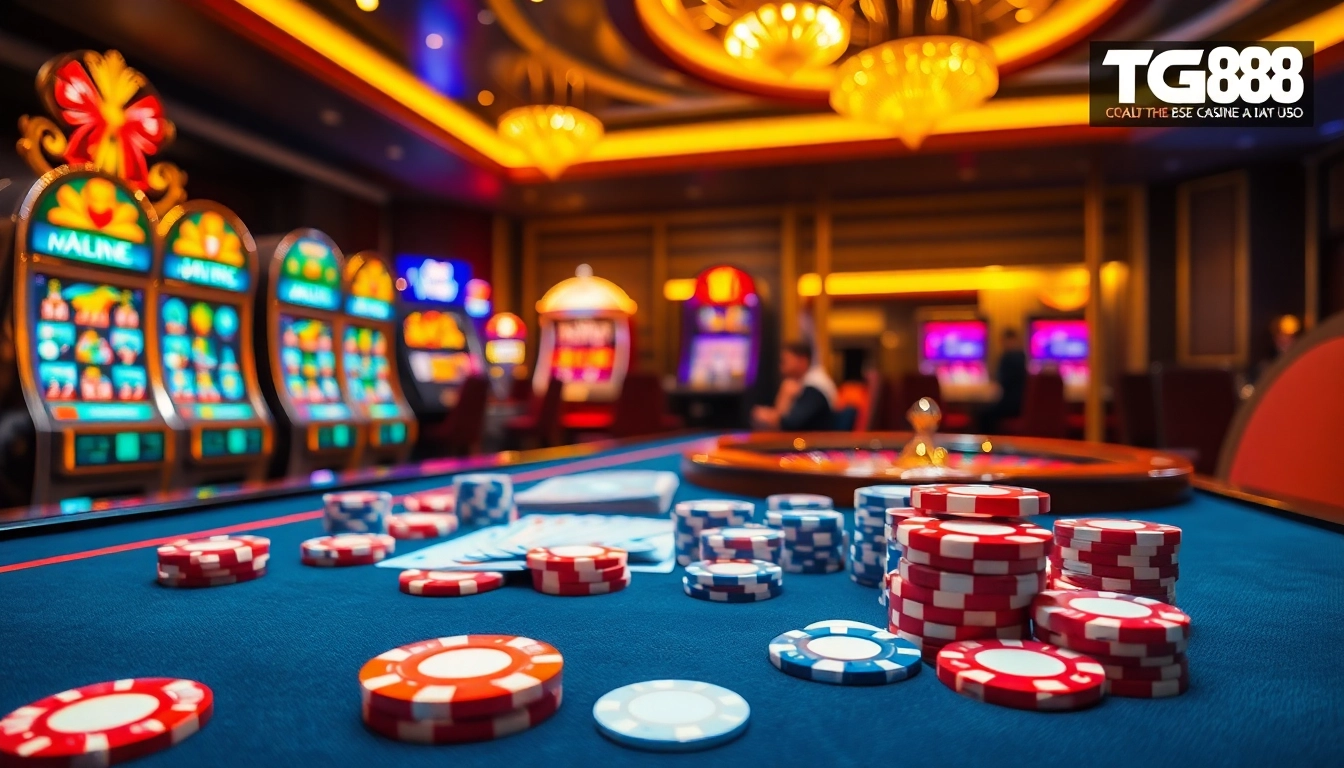 Experience thrilling poker gameplay at TG88, with vibrant casino elements and strategic betting action.