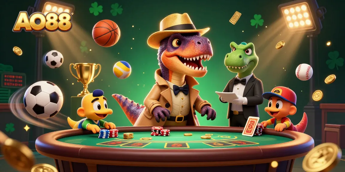 Engage with AO88 as a velociraptor card counter amidst a vibrant casino scene