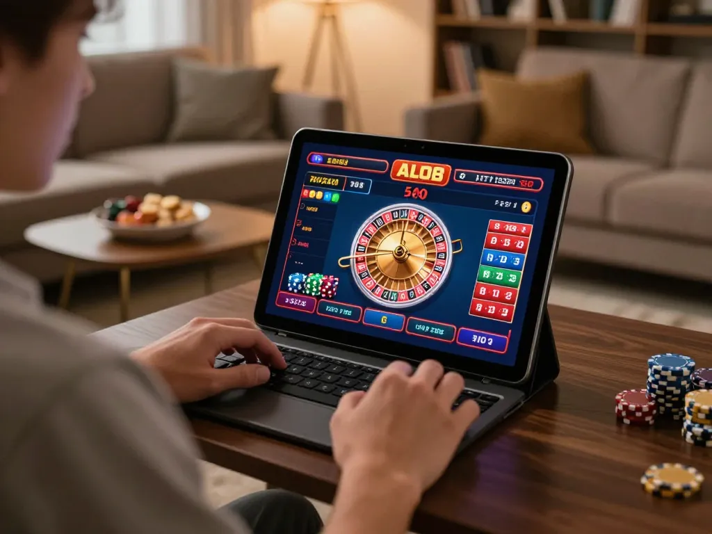 Engaging player enjoying ALO8 live casino games on tablet in cozy home setting.