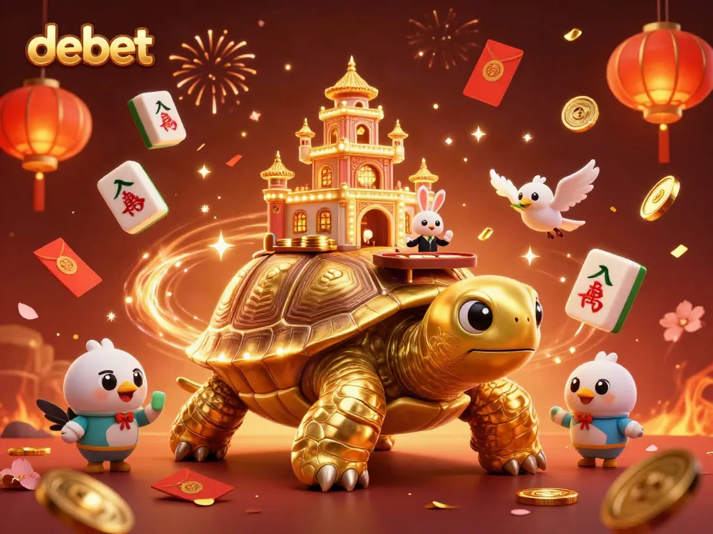 Experience debet casino excitement with a golden tortoise and rabbit dealer amidst vibrant 3D game elements.