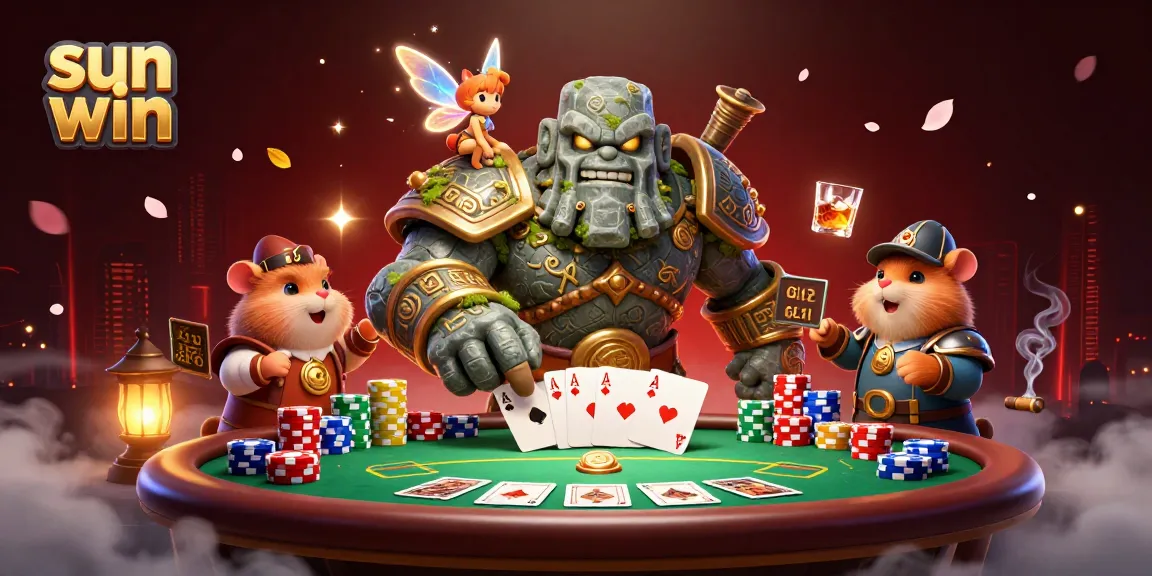 Experience sun win in this vibrant casino scene featuring a golem guardian, fairy, and hamster knight.