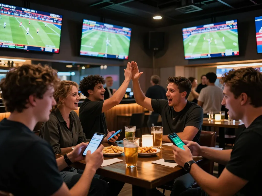 Sports fans engaged in live betting at tylekeonhacai88 with smartphones and match screens