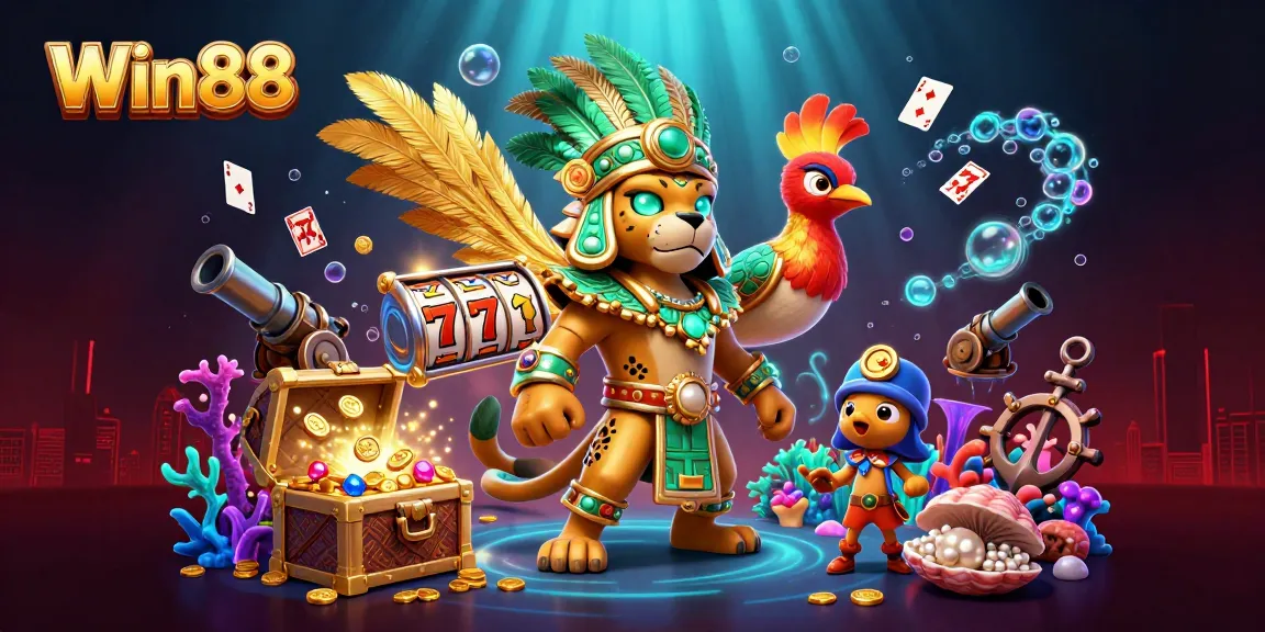 Win88 captures excitement with a vibrant 3D casino scene featuring vibrant characters and game elements.