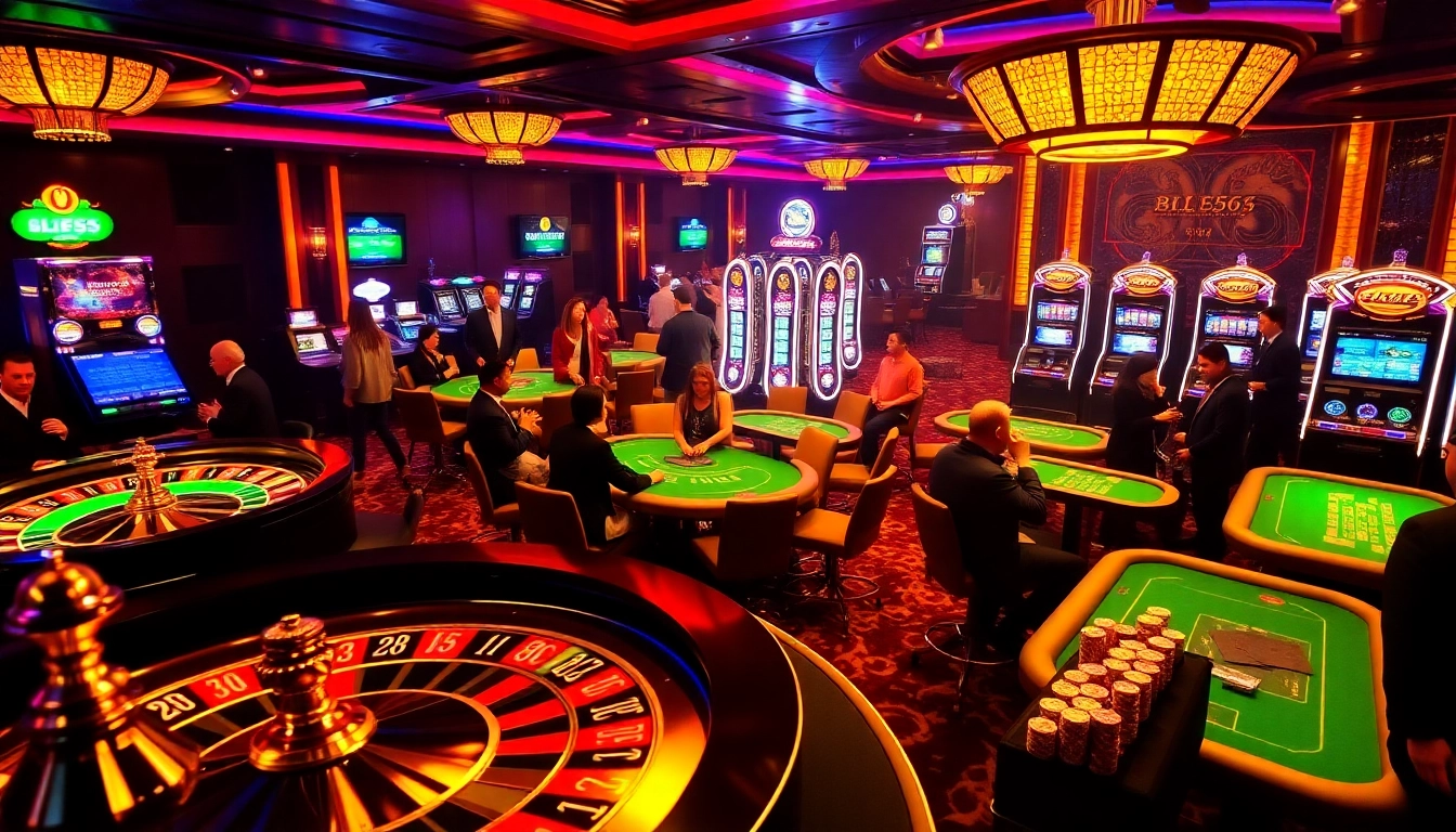 Excited players enjoy a thrilling casino experience at BL555 with poker tables and slot machines.