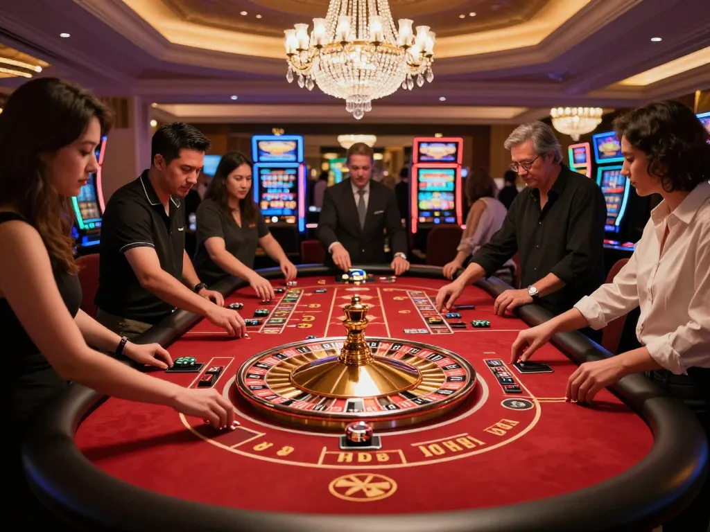 Players engaging in a thrilling game at a sunwin casino roulette table with vibrant ambiance.