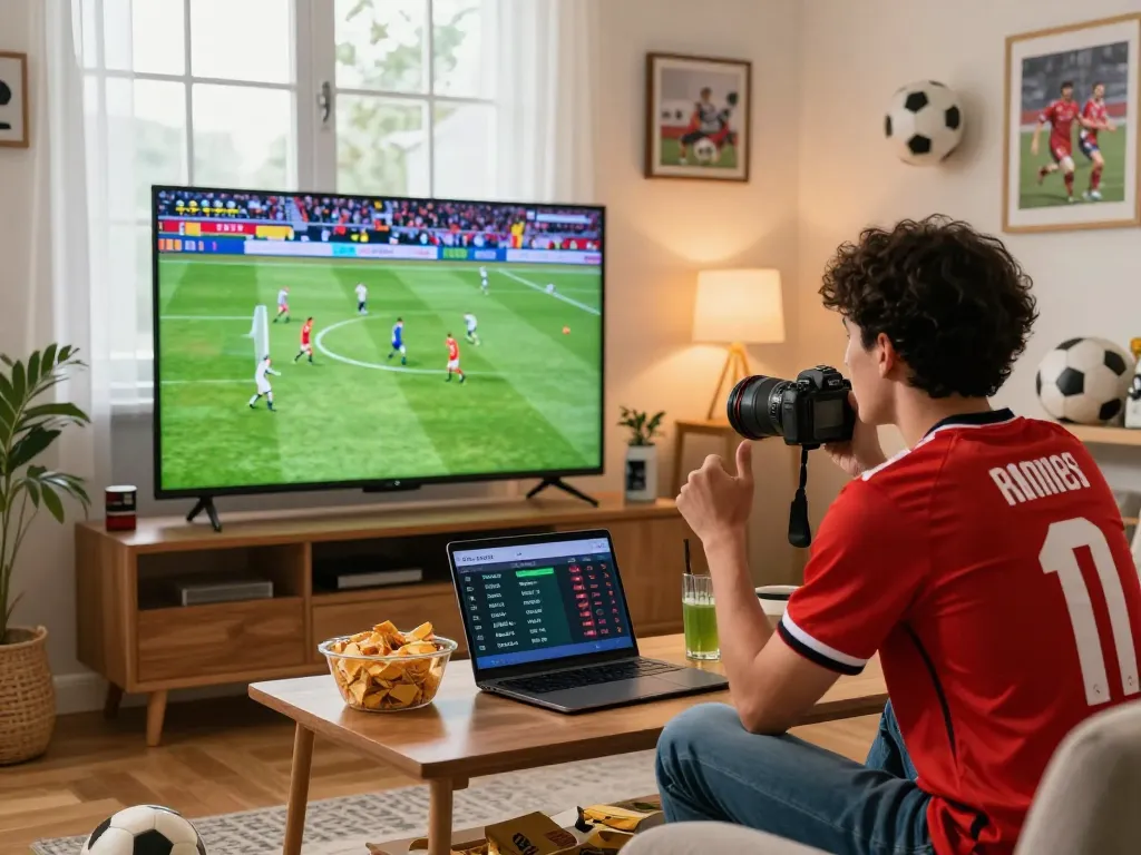 Football fan engaging with Luong Son TV, watching live match with snacks