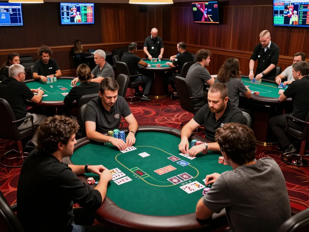 Players engaged in intense poker action at a luxurious casino table as they aim for the winning fc88 hand
