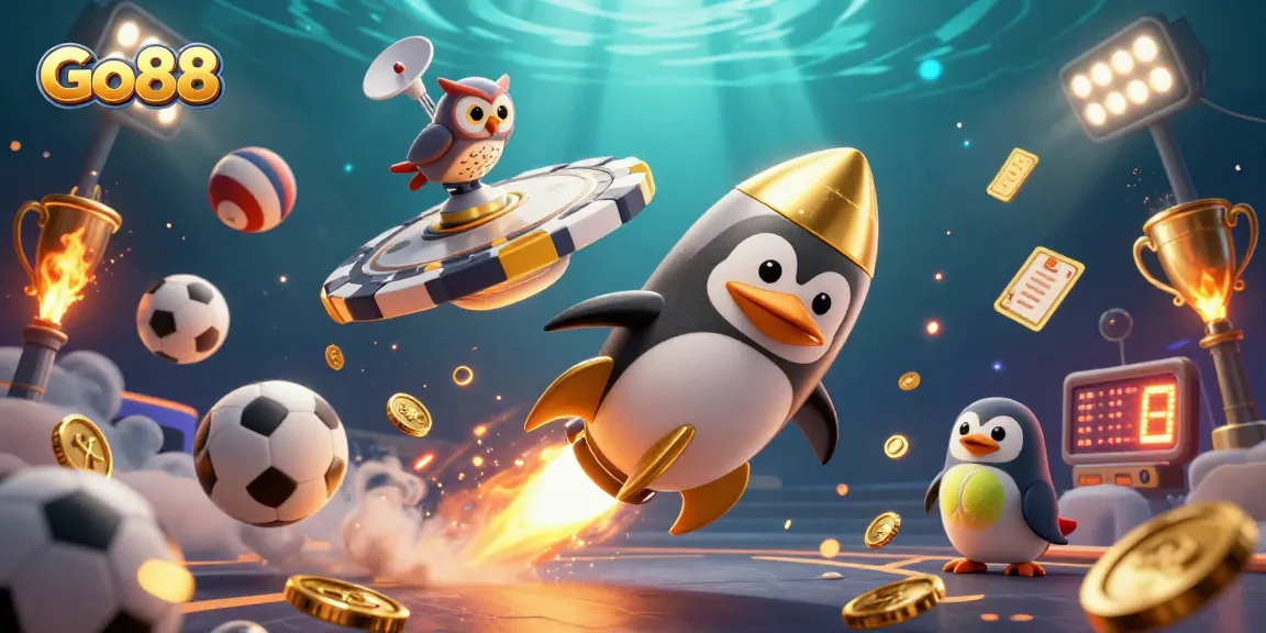 Go88 penguin blasts through space towards a casino, surrounded by sports elements and vibrant gold coins.