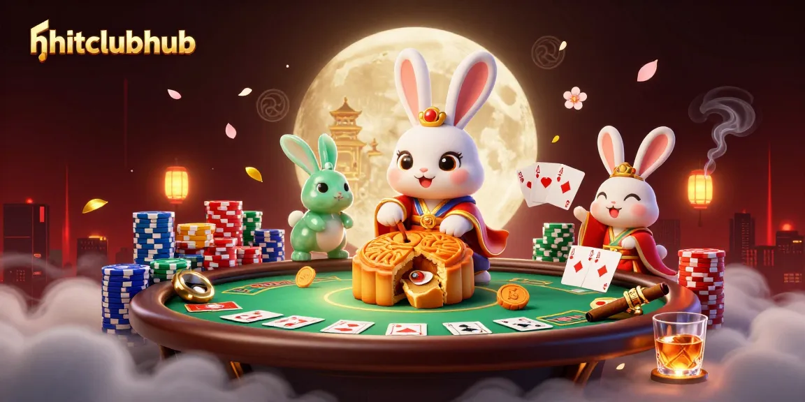 Experience the excitement of hitclubhub with a 3D illustration showcasing a moon rabbit and poker elements.