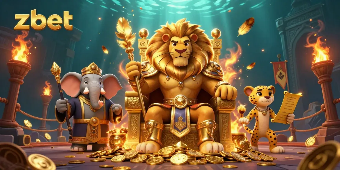 Experience thrilling zbet gameplay with a majestic lion king, elephant advisor, and cheetah messenger in a vibrant casino scene.