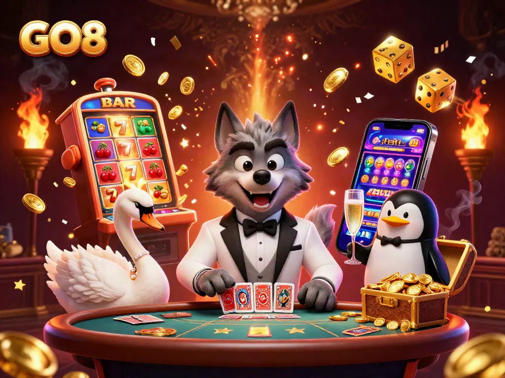 Win big with GO8 at a vibrant casino scene featuring a debonair wolf, elegant swan, and sophisticated penguin.