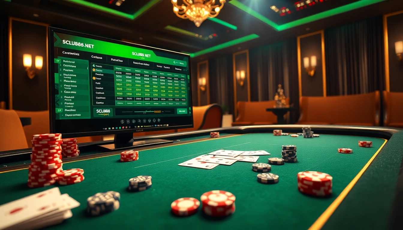 SCLUB88 NET showcases an engaging casino table with poker chips and cards, enhancing the online betting experience.