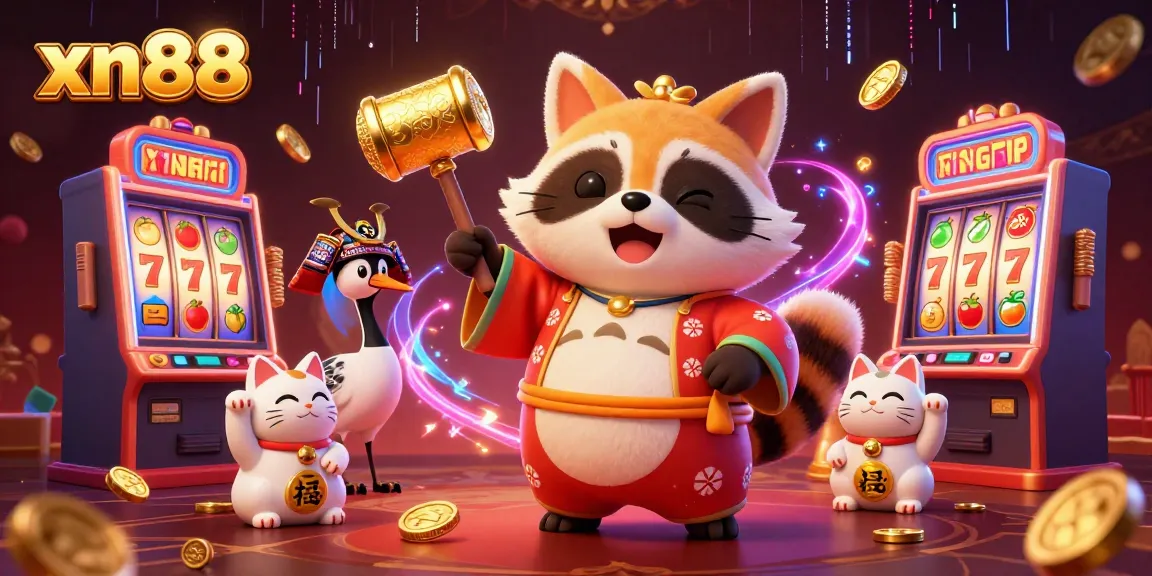 Play slots with xn88 in this dynamic, colorful casino scene featuring festive characters.