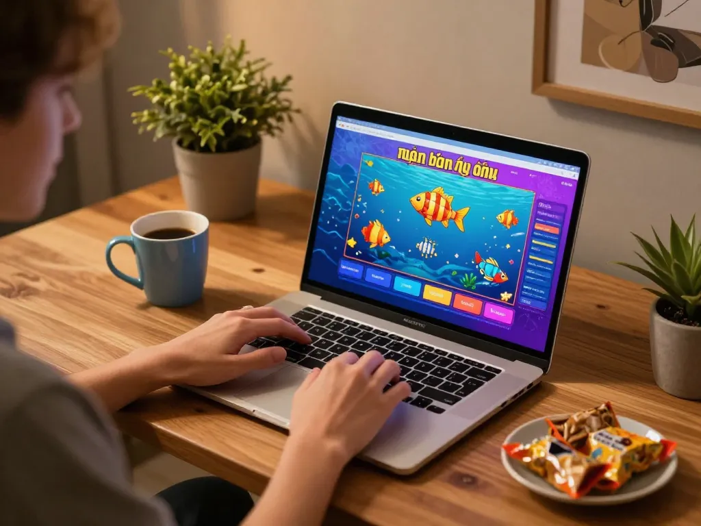 Bắn cá đổi thưởng game displayed on a laptop, showcasing vibrant graphics and engaging gameplay in a cozy home environment