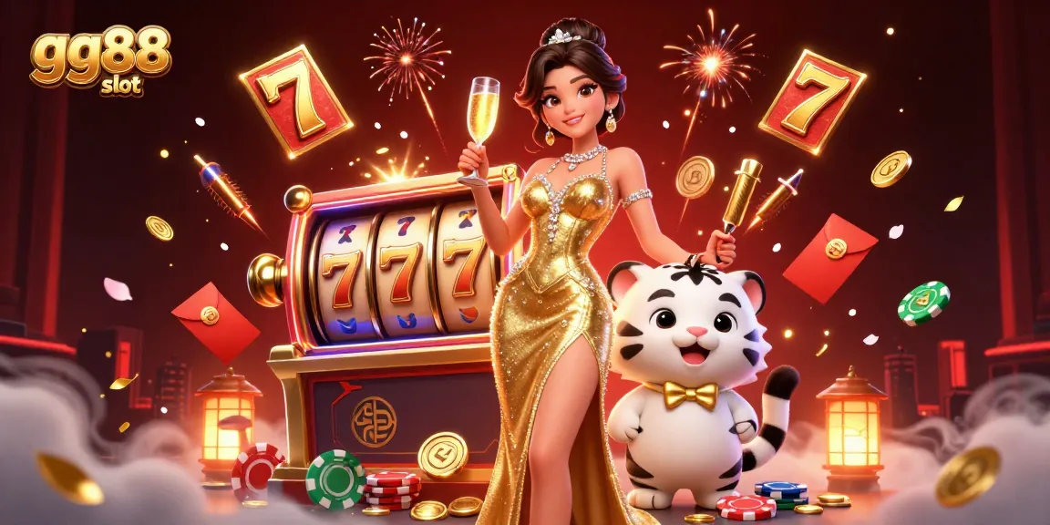 Experience thrilling moments with gg88 slot as a glamorous woman and lucky tiger celebrate big wins in a vibrant casino setting.
