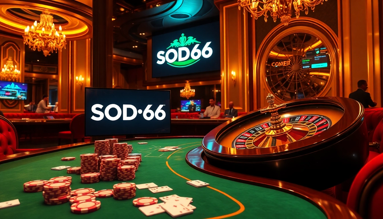 SODO66 casino scene showcasing vibrant poker chips and thrilling roulette action