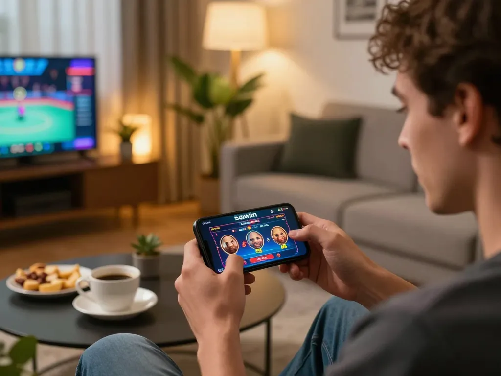 Person engaging with the 58wiin app for online gambling in a cozy living room.