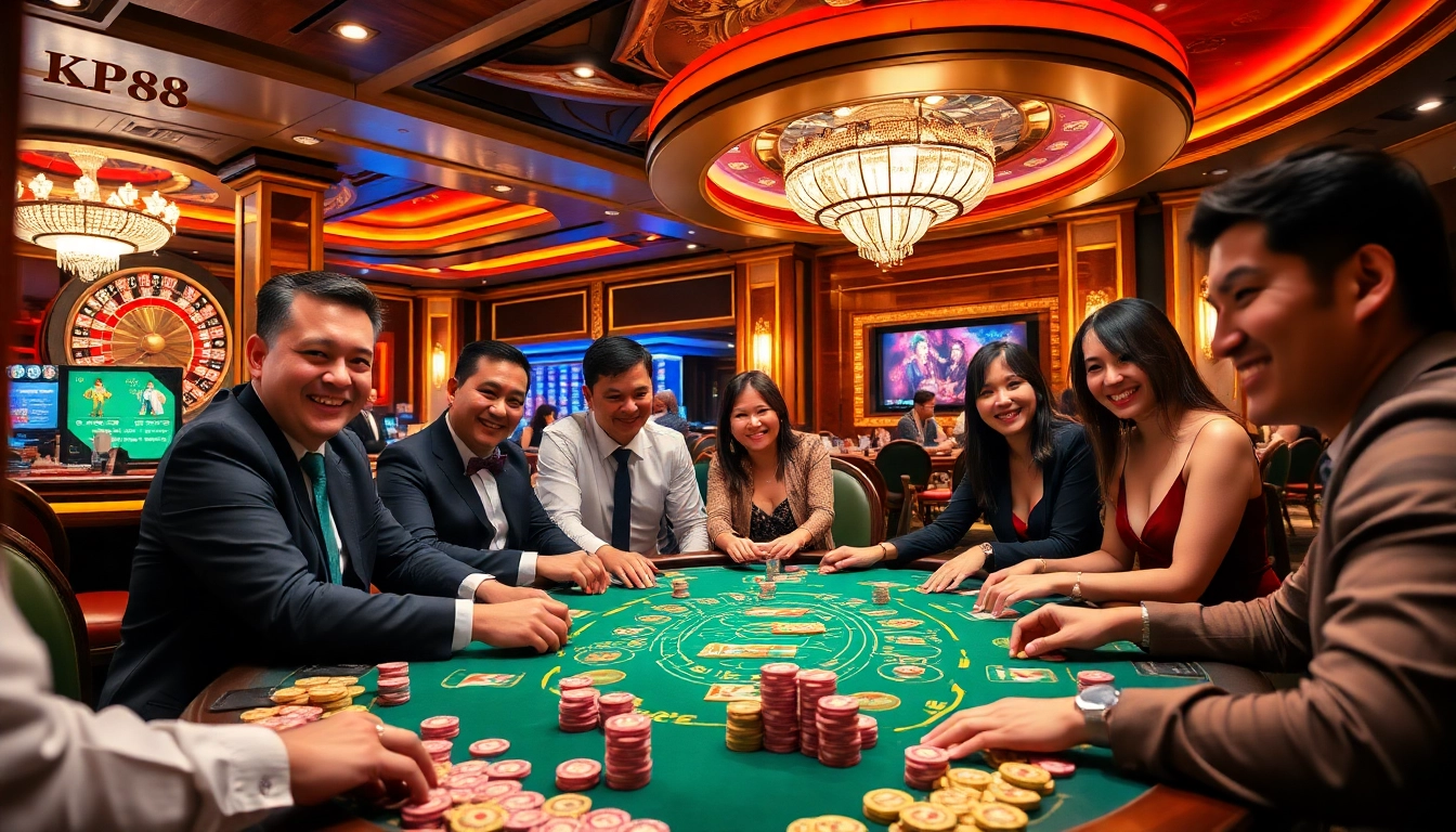 Players enjoy a thrilling game of poker at KP88 casino, surrounded by colorful chips and vibrant decor.
