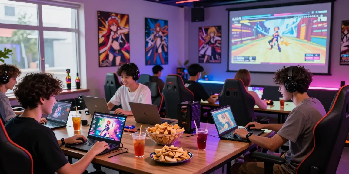 Engaged gamers playing hentai games in a vibrant gaming lounge with snacks and colorful lighting.