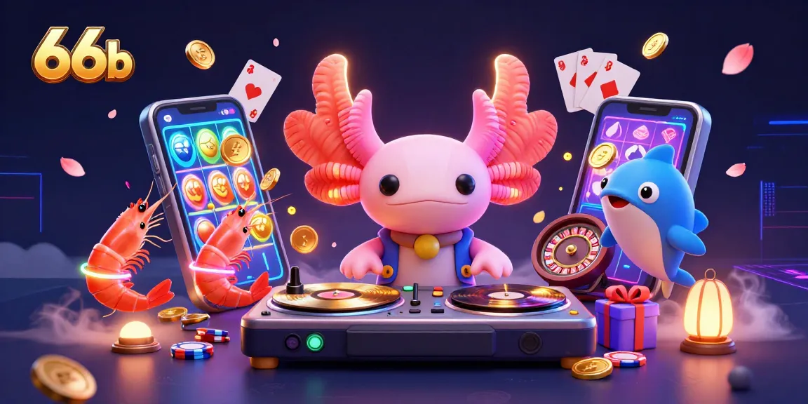 Experience the vibrant fun of 66b with a neon-colored axolotl DJ spinning games and golden winnings.