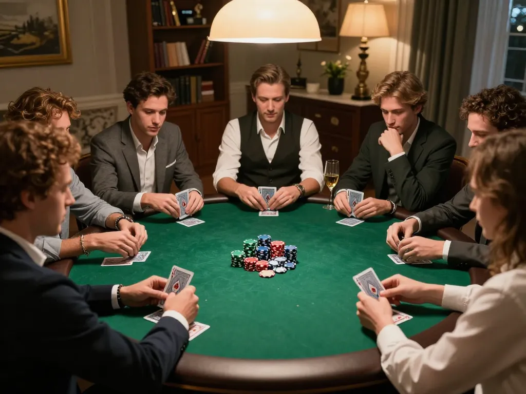 Players strategizing in an engaging home poker game at QQ88, showcasing immersive social gambling atmosphere