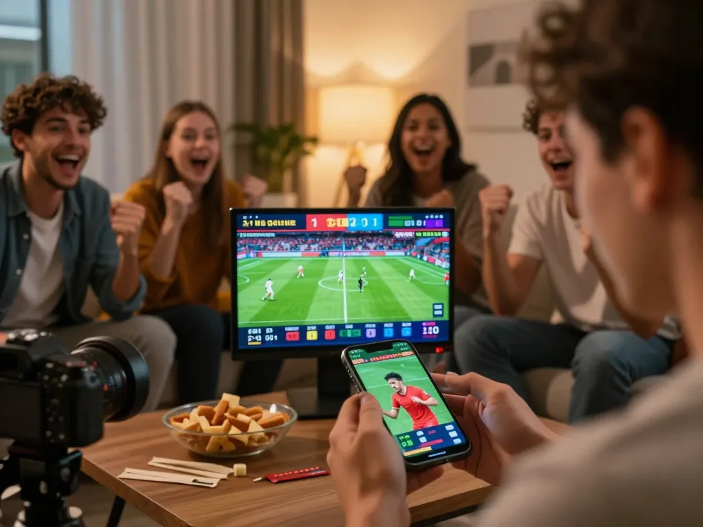 Engaging sports betting moment using nhandinhkeonhacai app on smartphone with friends cheering.