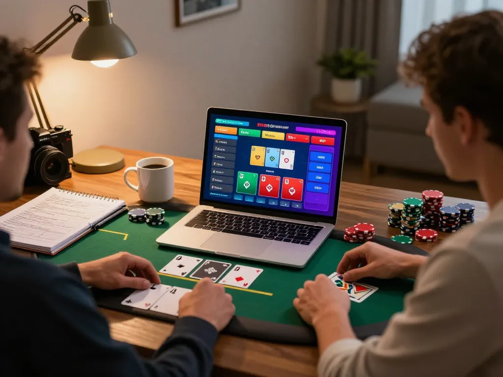 Player enjoying online poker on BL555 platform while surrounded by betting notes and coffee.