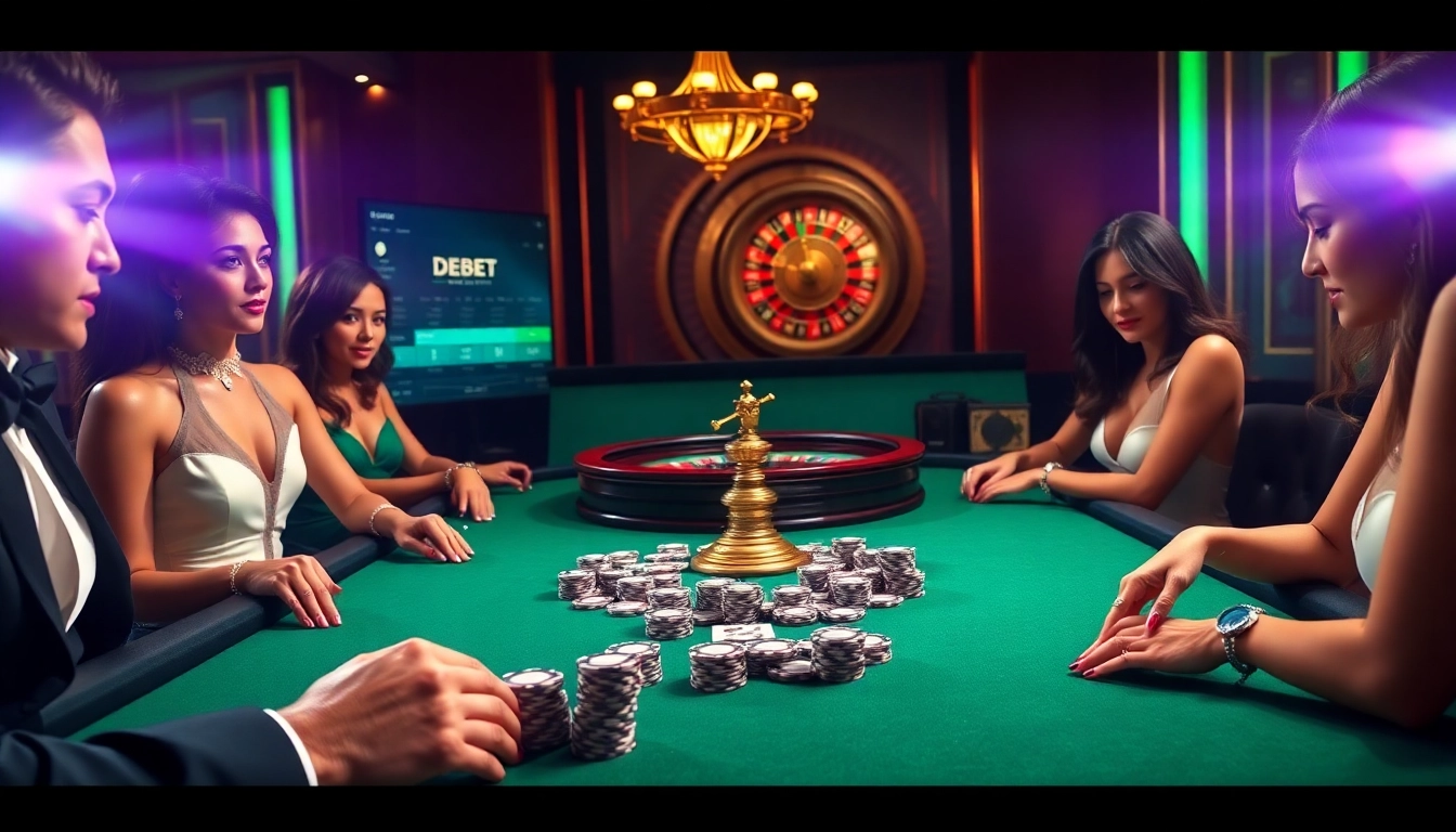 Players engaging in strategic poker while using the DEBET betting platform in a luxurious casino setting.