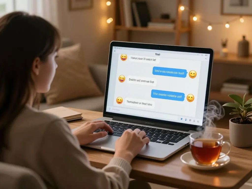 Engaging user with AI porn chat in cozy virtual setting, vibrant chat interface.