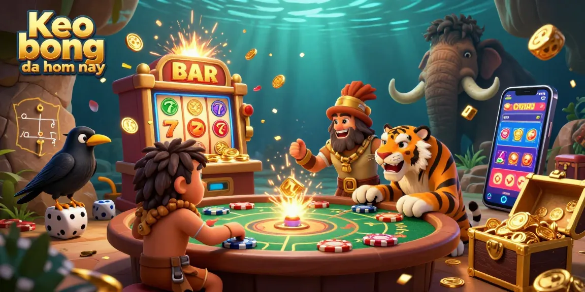 Engage with Keo bong da hom nay's dynamic sports betting scene featuring cavemen and exciting casino elements.