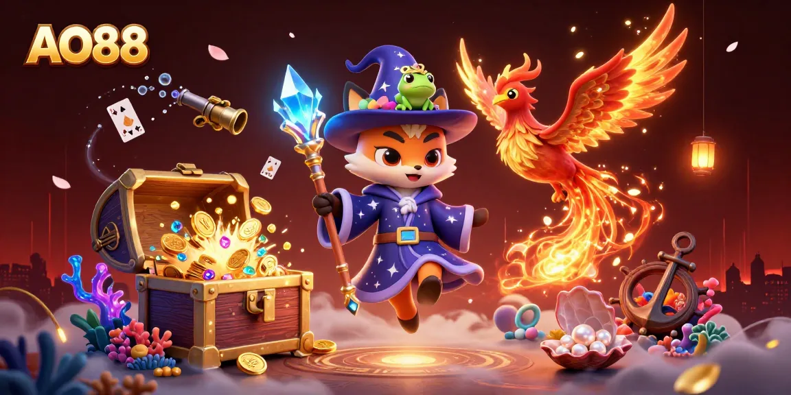 Play slot games and win at AO88 with the captivating wizard fox and phoenix in a dynamic 3D scene.