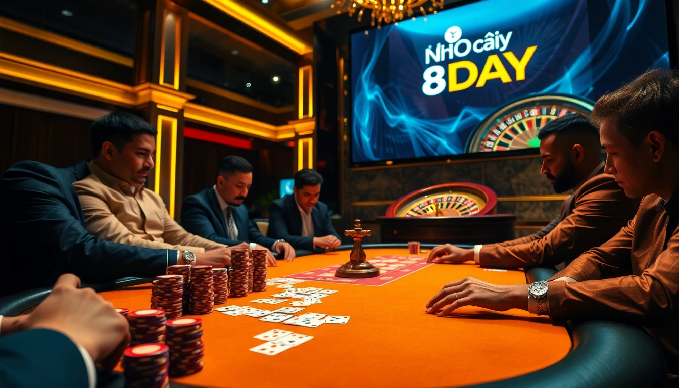 Intense poker game at Nhà cái 8DAY casino highlighting vibrant atmosphere and luxury.
