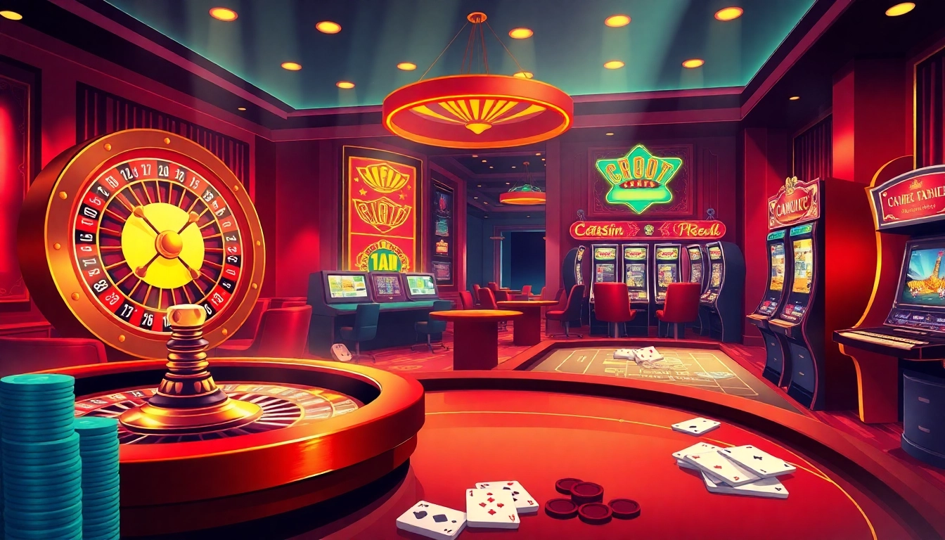 Exciting gaming atmosphere at MM88 COM with roulette, poker tables, and slot machines.