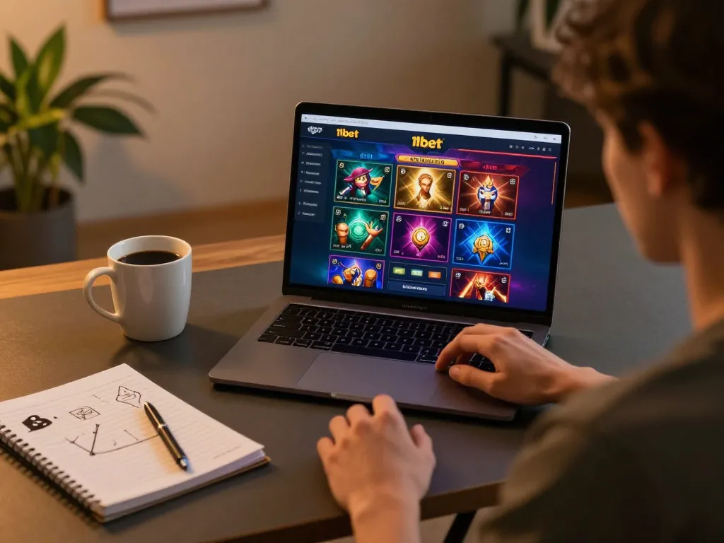 Playing on 11bet online casino platform at a stylish home setup, focusing on responsible gaming.