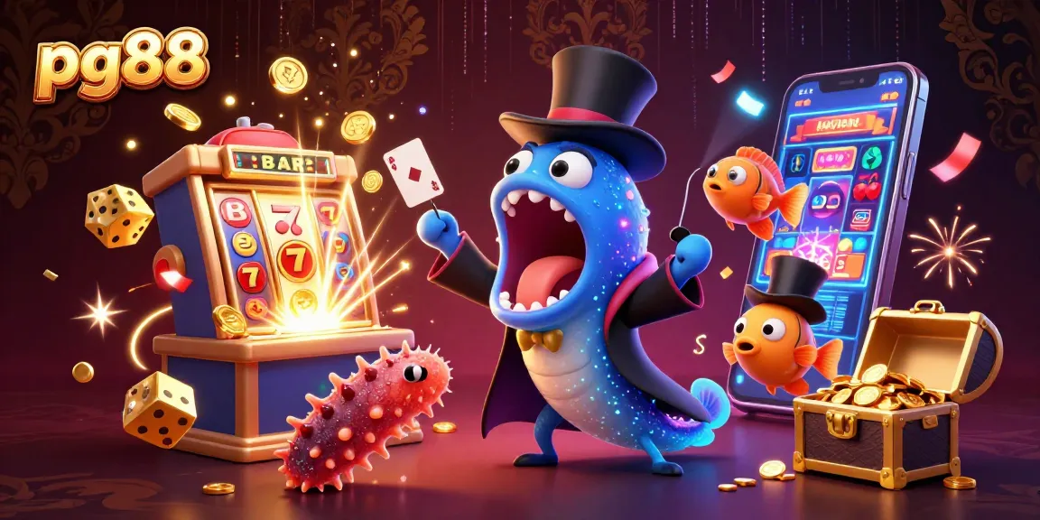 pg88 showcases an exciting casino scene with vibrant characters performing magic tricks and dynamic jackpots.