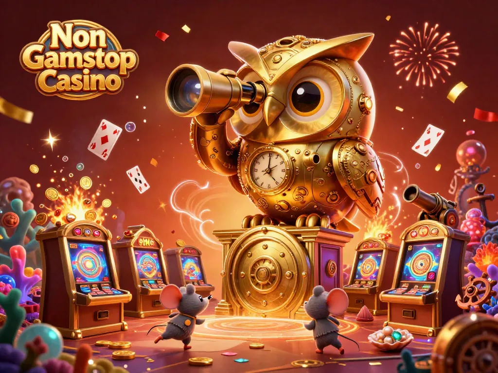 Experience excitement at Non Gamstop Casino as the clockwork owl watches over thrilling brass slot machines.