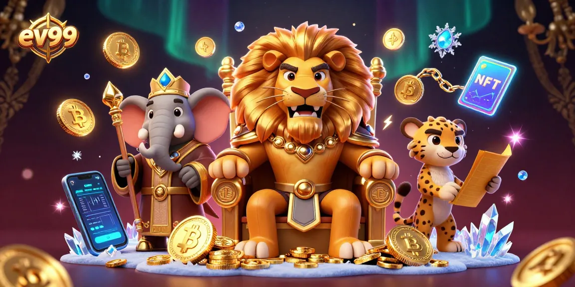 Engage with the vibrant ev99 gaming world in a dynamic 3D illustration of a lion king and advisors.