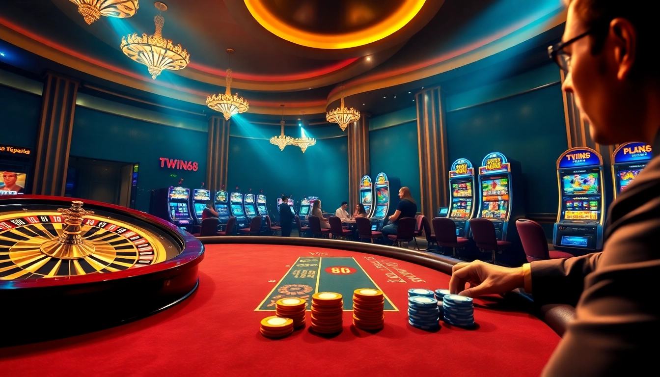 Experience thrilling games at TWIN68 with vibrant casino tables and slot machines.