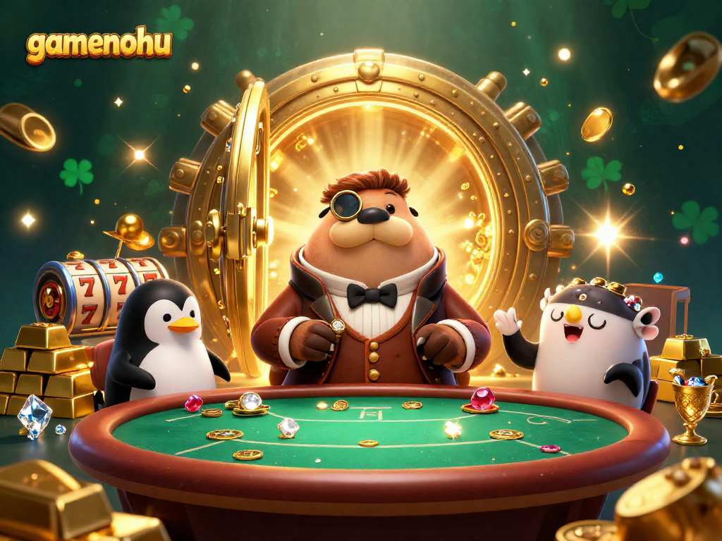 Win big with gamenohu's exciting underwater poker scene featuring a walrus, penguin dealer, and pufferfish bluffer.