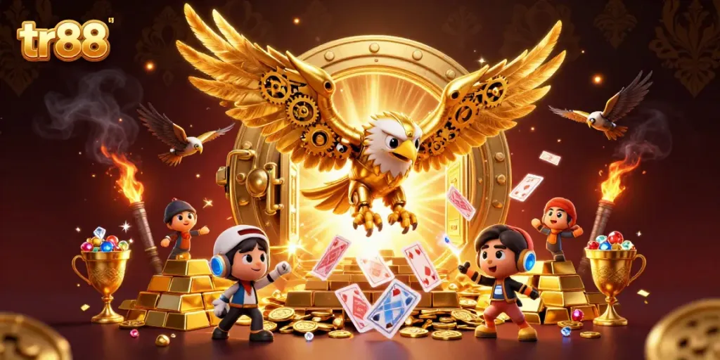 Engage in thrilling gameplay with tr88 as a golden eagle explores a vibrant casino scene.