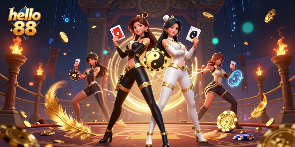 hello 88 showcases twin Asian women with playing cards in a vibrant 3D casino setting, symbolizing excitement