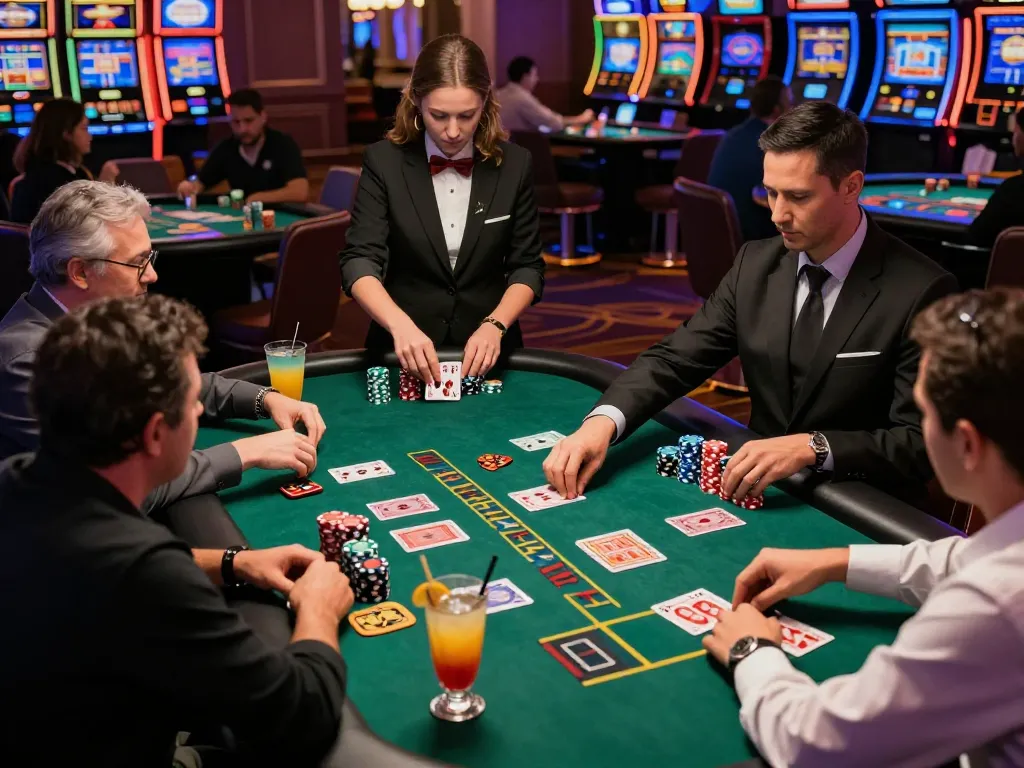 rik88 players engaging in dynamic blackjack action with colorful chips at a Las Vegas casino