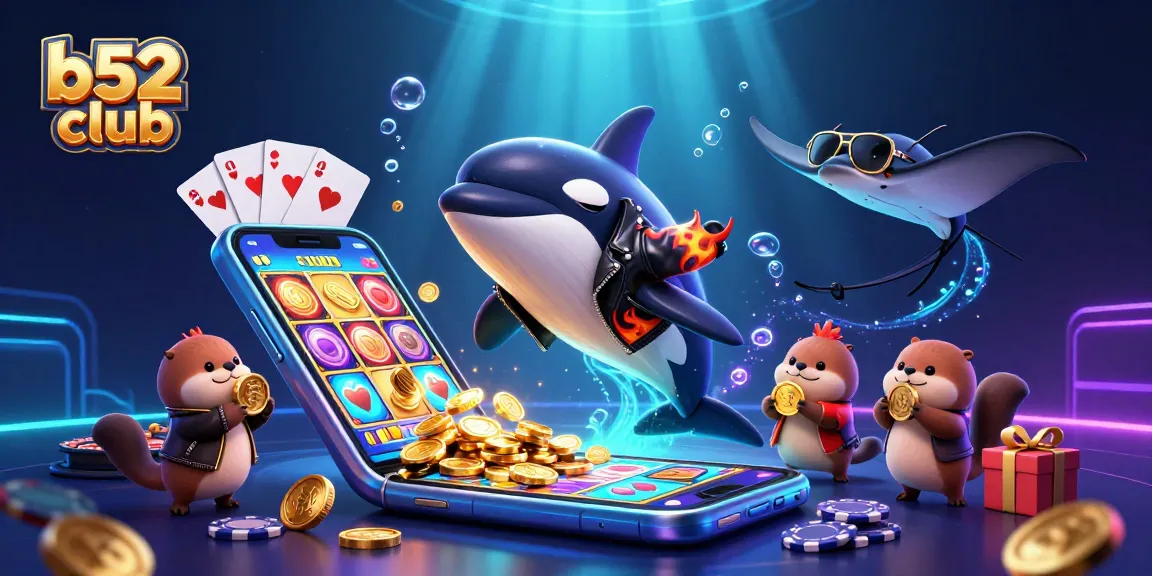 B52 club showcases a thrilling casino scene with a dynamic orca, stingray, and playful otters holding coins.